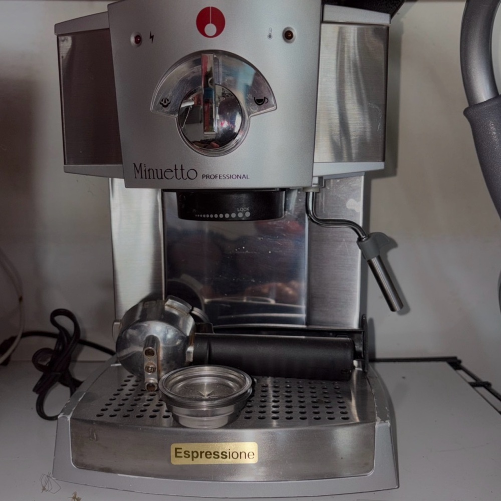 Minuet Petite Espresso Machine in Stainless Silver with Black Details